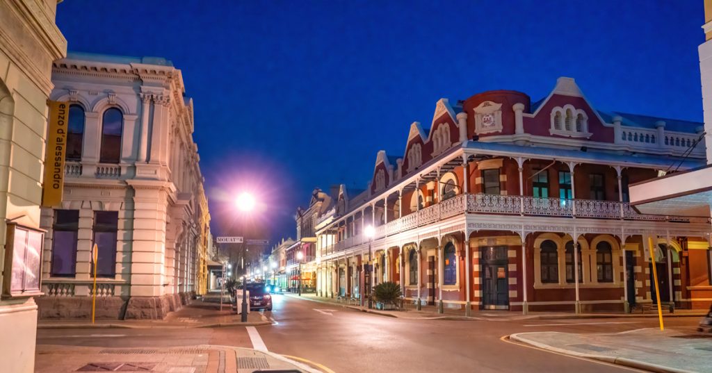 Fremantle, Australia: City streets and buildings at sunset