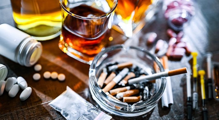 Table showing assorted substances involved in addiction including alcohol, tobacco and drugs