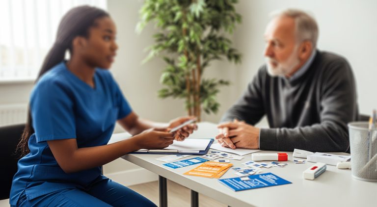A smoking cessation advisor talking to a man about quitting smoking