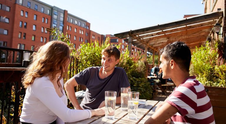 Students drinking outside a pub