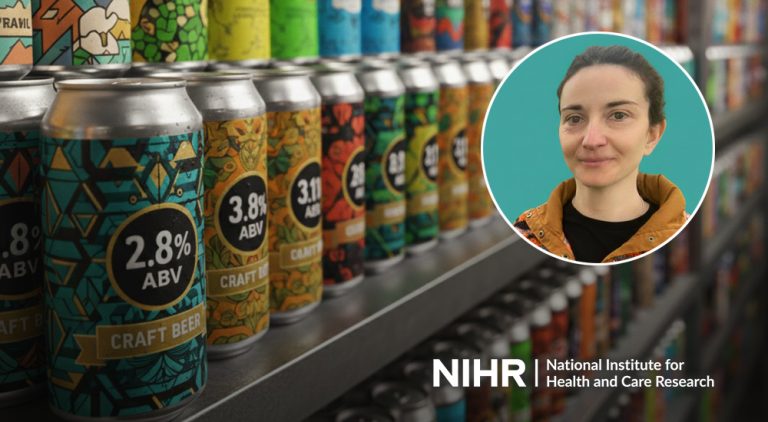 Dr Parvati Perman-Howe and a shelf filled with cans of mid-strength beer.