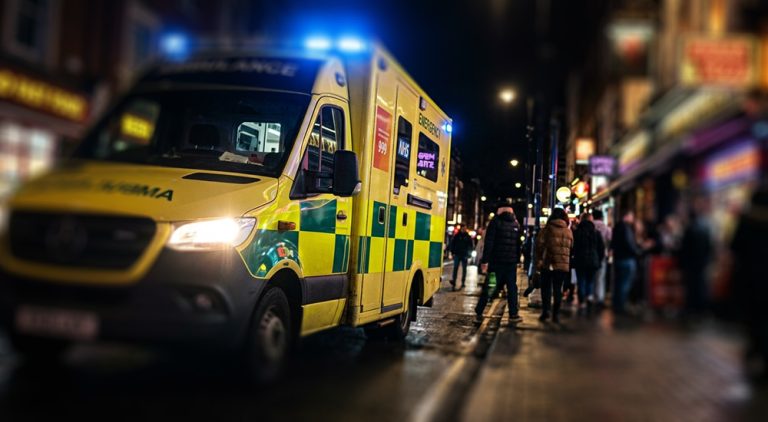 An ambulance parked on a busy city street at night as people walk by.