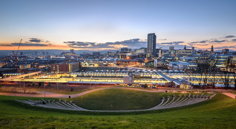View of Sheffield city skyline at sunset