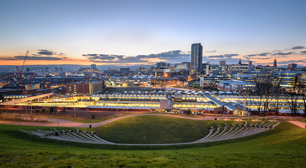 View of Sheffield city skyline at sunset