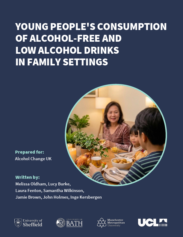 Cover of a report titled 'Young people's consumption of alcohol-free and low alcohol drinks in family settings' with an image of a family at a dinner table
