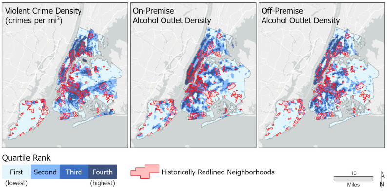 Three side-by-side color-coded maps of New York City showing the geographic density of violent crime, on-premise alcohol outlets, and off-premise alcohol outlets. The maps use blue shading to indicate a gradient from lowest to highest density, overlaid with pink outlines that mark historically redlined neighborhoods. The visual comparison demonstrates a clear spatial overlap, showing that historically redlined areas frequently correspond with the highest densities of both violent crime and alcohol outlets.