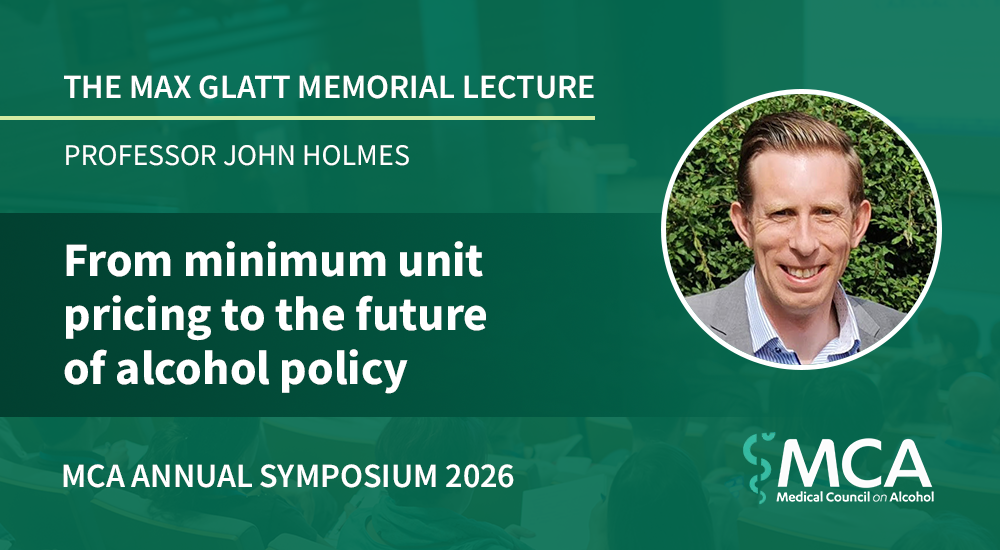 Event banner announcing Professor John Holmes delivering the MCA Max Glatt Memorial Lecture on alcohol policy.